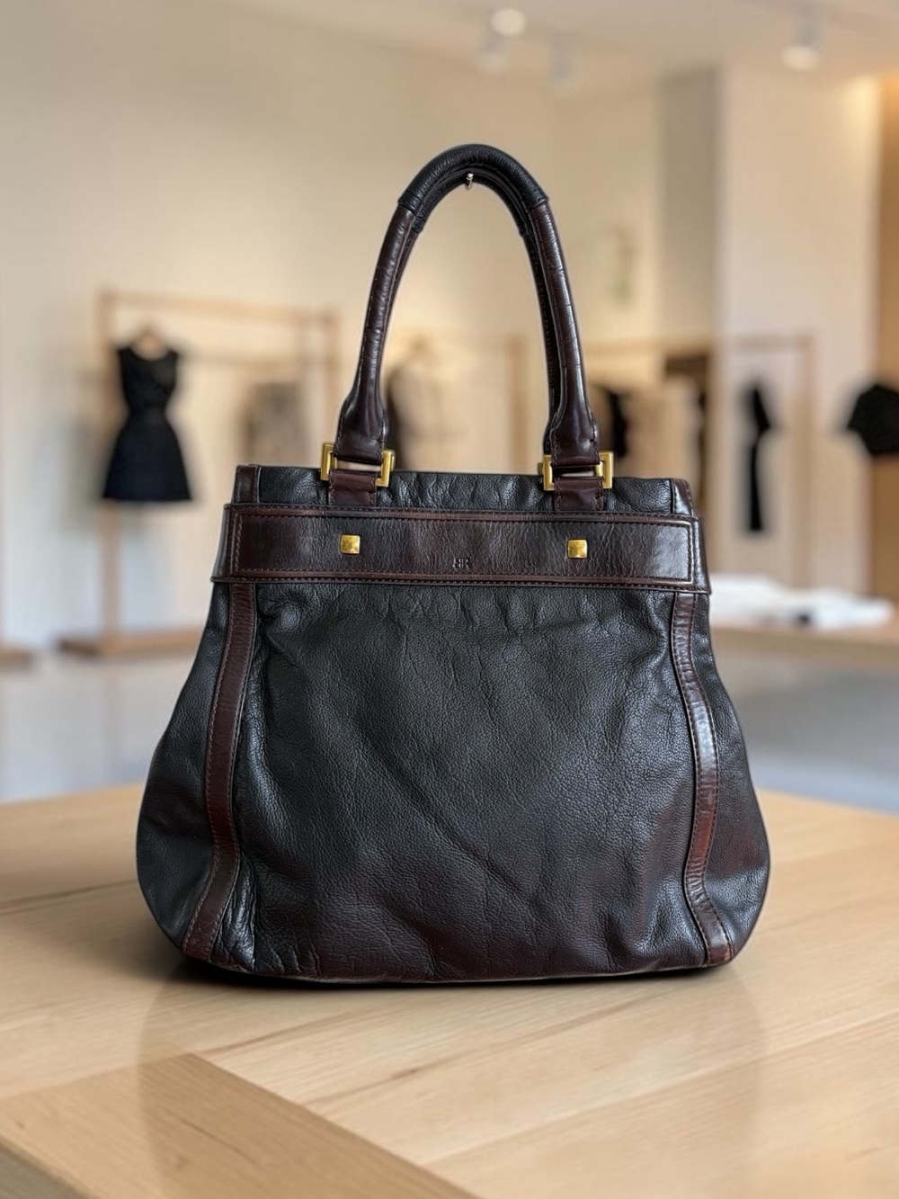 Vintage Banana Republic Dark Brown Leather Tote with Brass Gold Hardware